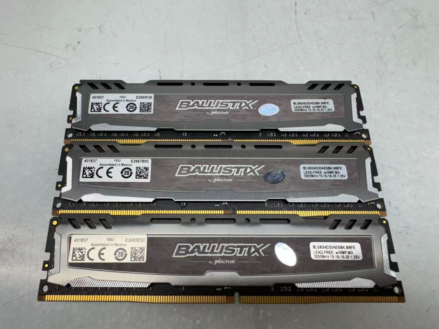 Lot of 3 Micron Ballistix 8GB DDR4-3000 Desktop Memory BLS8G4D30AESEK.M8FE