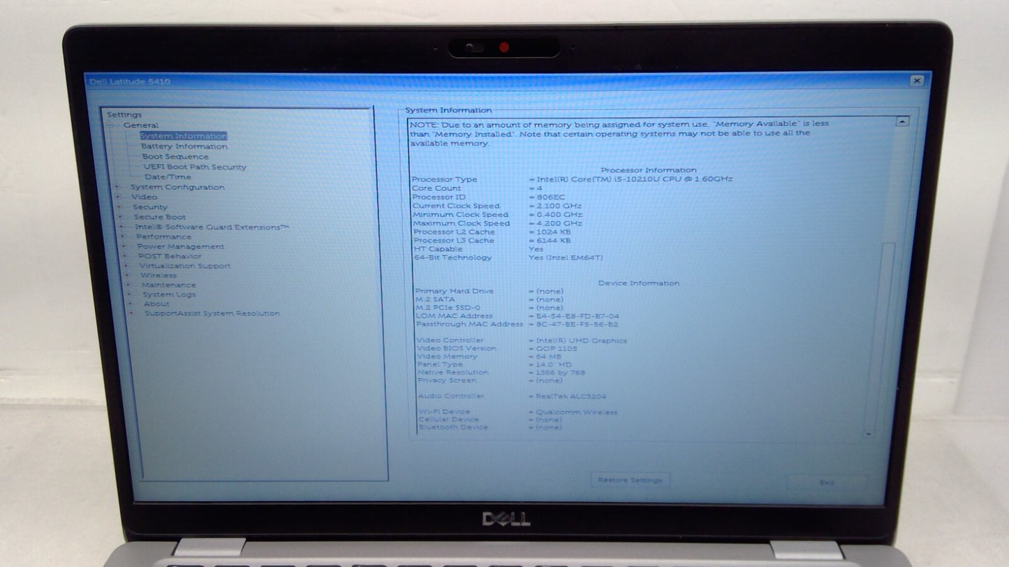*Read*Dell Latitude 5410 14" i5-10210U@1.60Ghz 16G RAM No HDD/Battery(1366x) B13