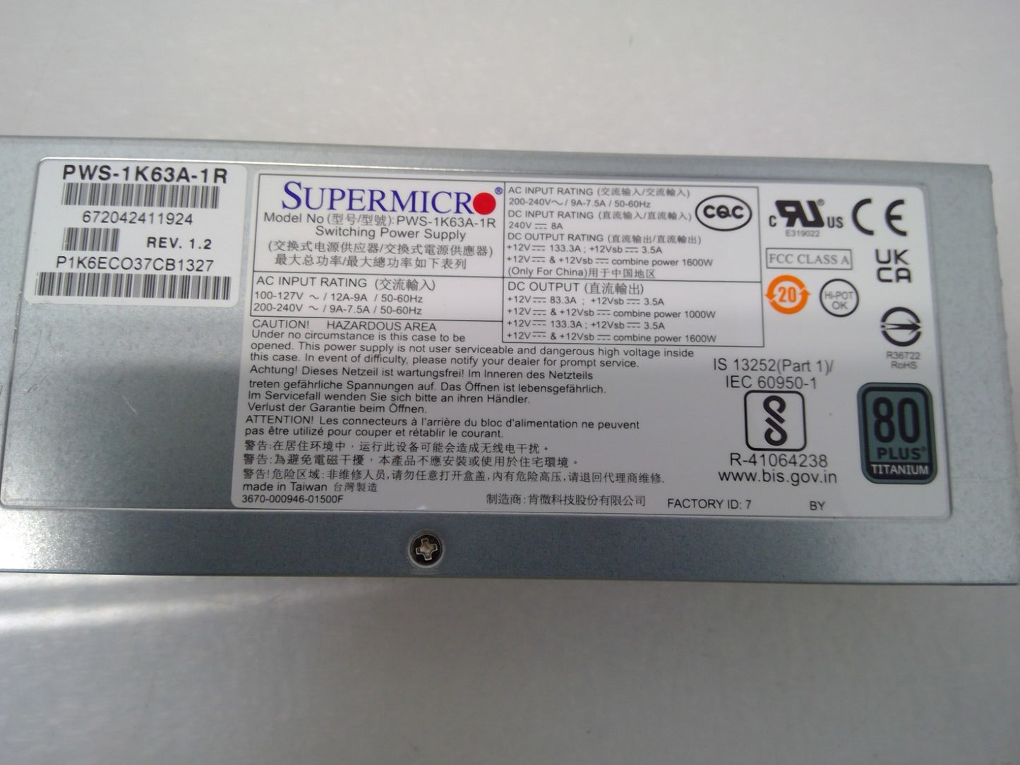 Supermicro PWS-1K63A-1R 1600W 80+ Platinum Server Power Supply