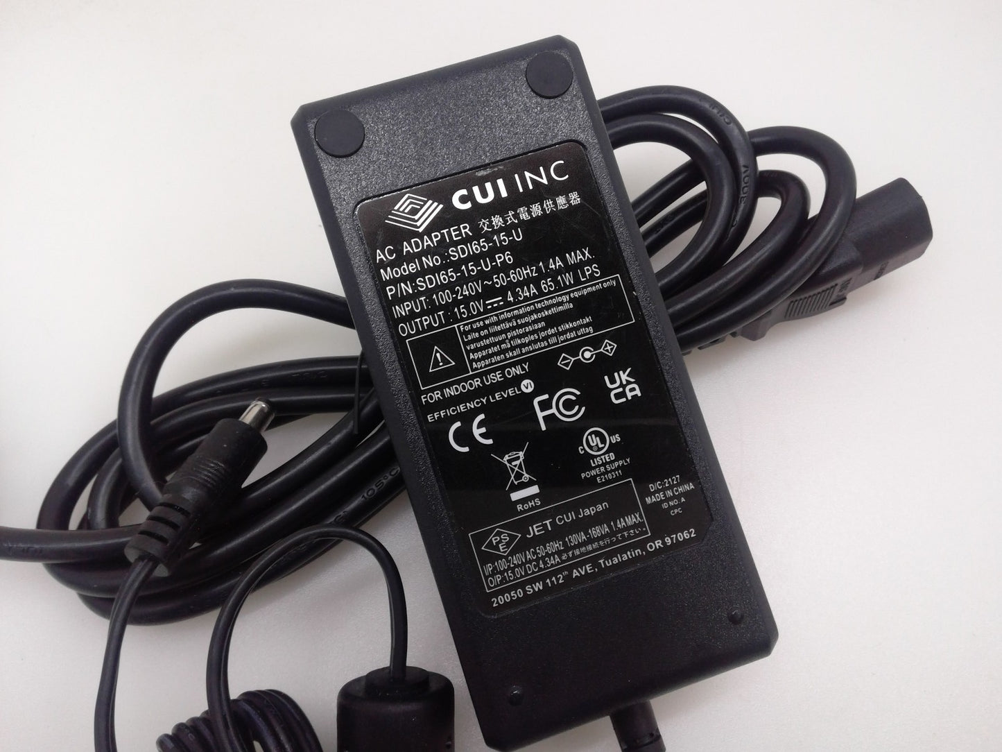 Genuine CUI INC AC/DC DESKTOP ADAPTER 15V 4.34A 65W SDI65-15-U Power Supply