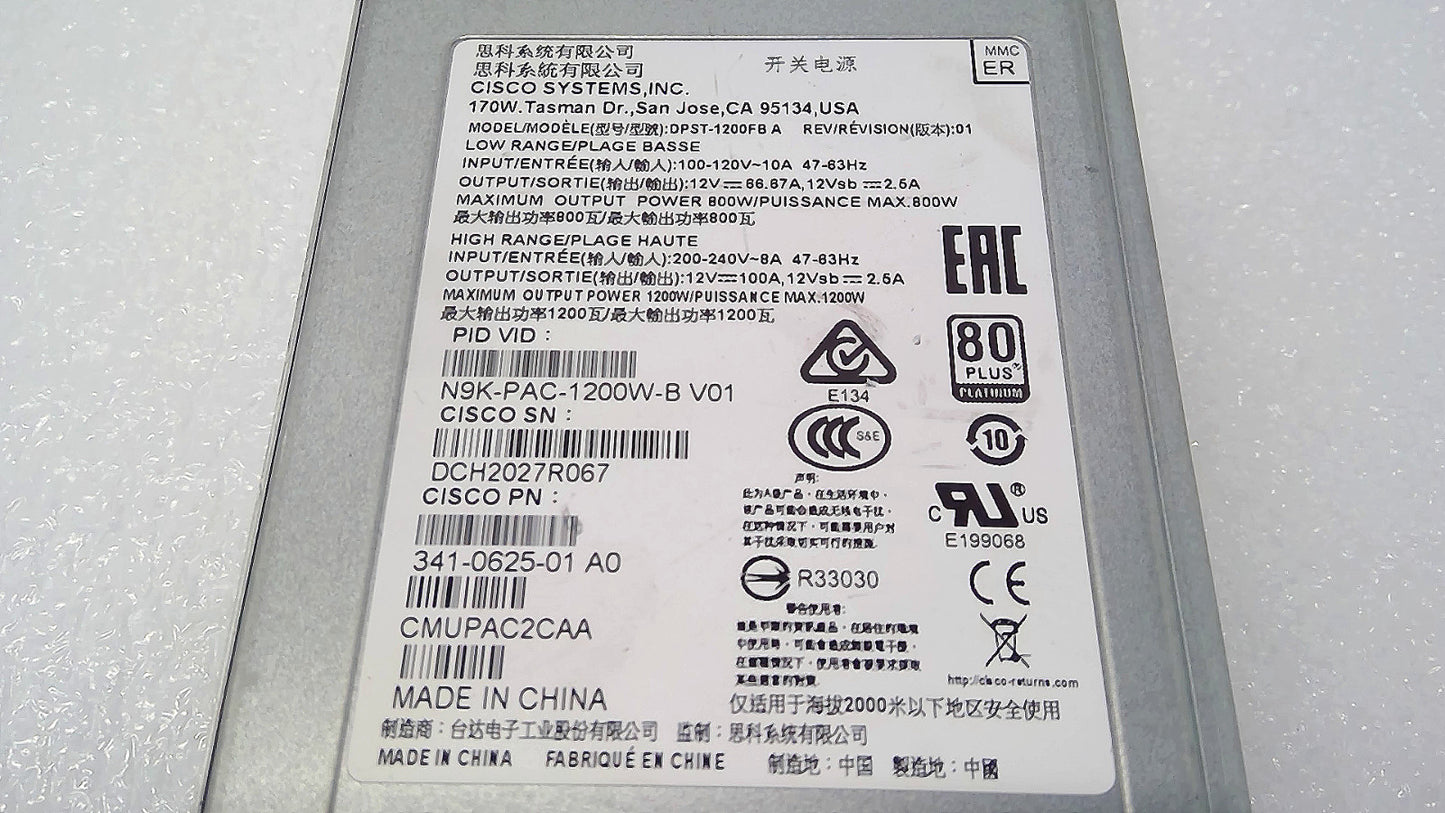 CISCO N9K-PAC-1200W-B NEXUS 9300 1200W AC POWER SUPPLY PORT SIDE EXHAUST *READ*