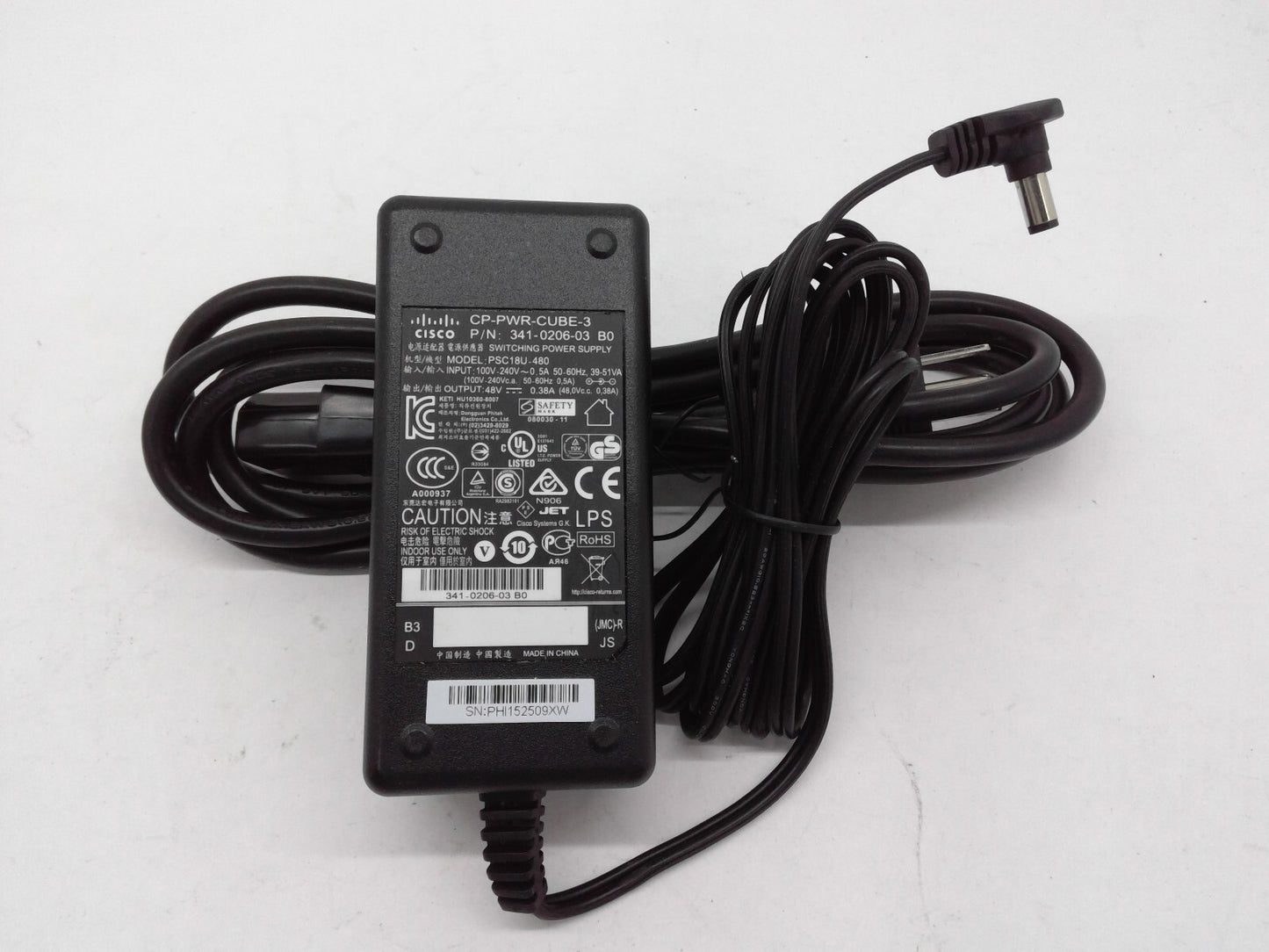 Cisco 341-0206-03 B0 PSC18U-480 AC Adapter 48VDC 0.38A 50VA 5.5/2.5mm Tip