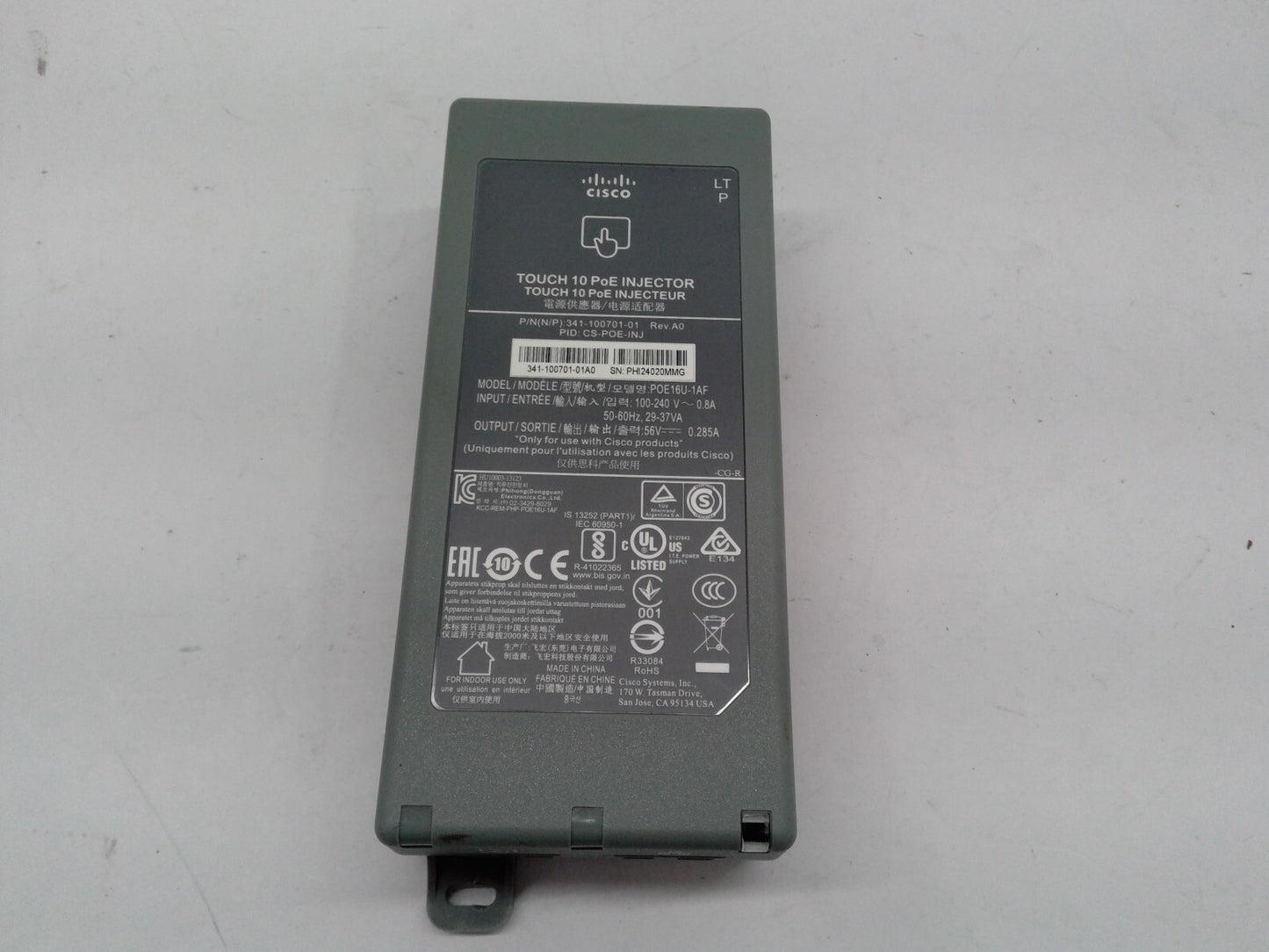 Cisco 341-100701-01 Touch 10 PoE Injector CS-POE-INJ W/Power Cord