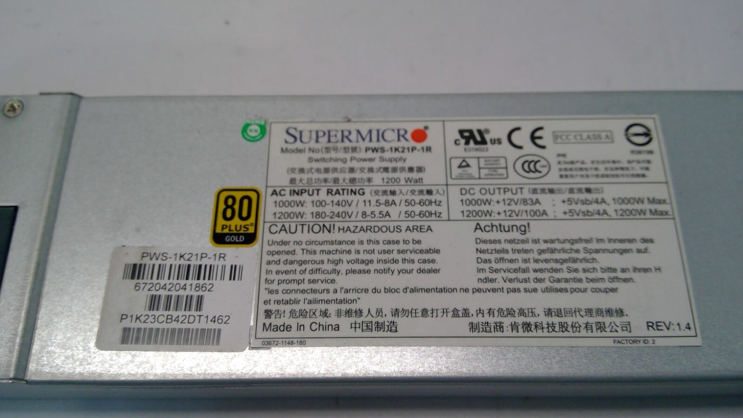 Supermicro PWS-1K21P-1R 1200W 1U 80 Plus Gold Switching Power Supply Module
