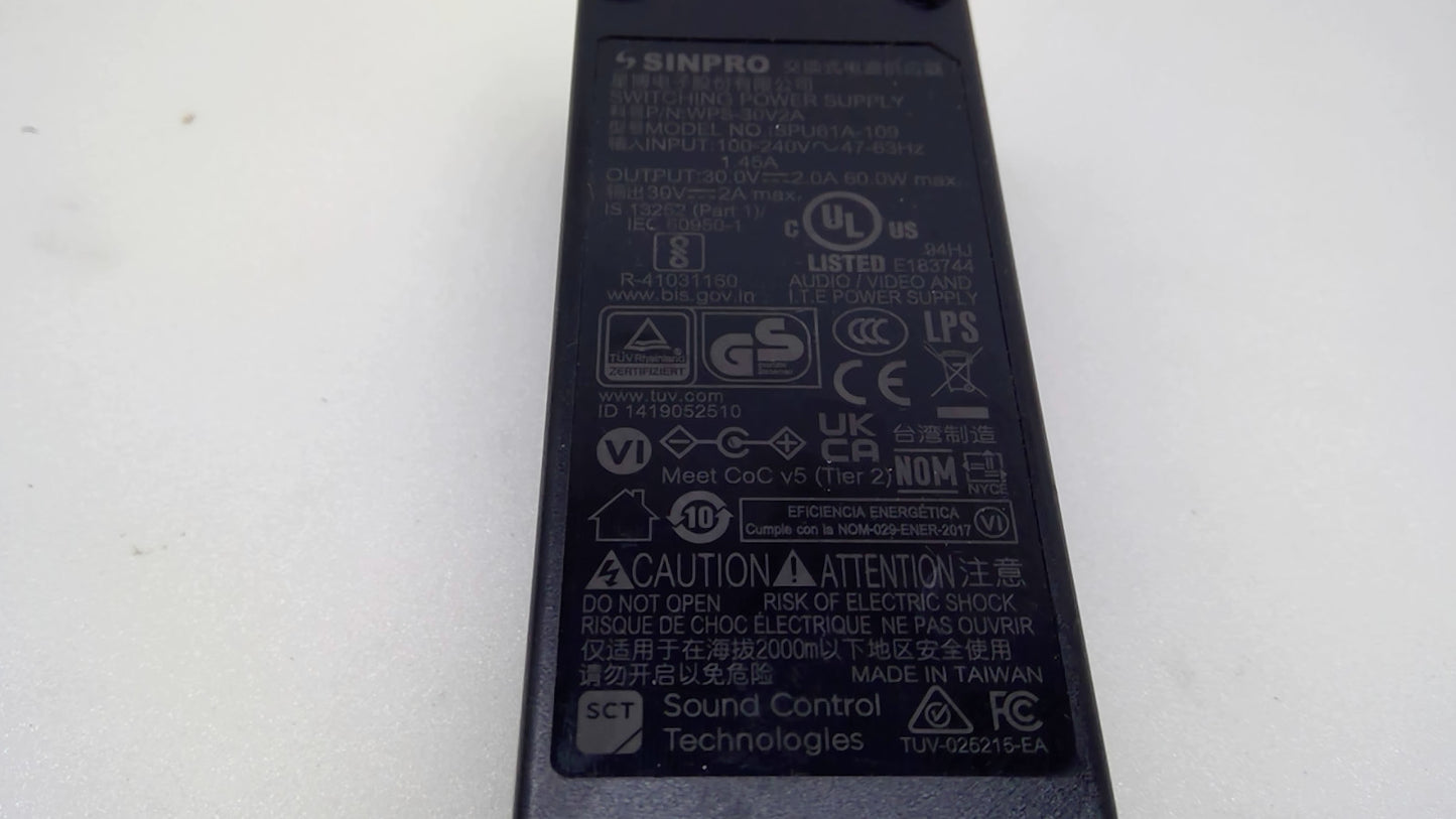 Sound Control Technologies WPS-30V2A Sinpro SPU61A-109 30V 2A 60W OEM Adapter
