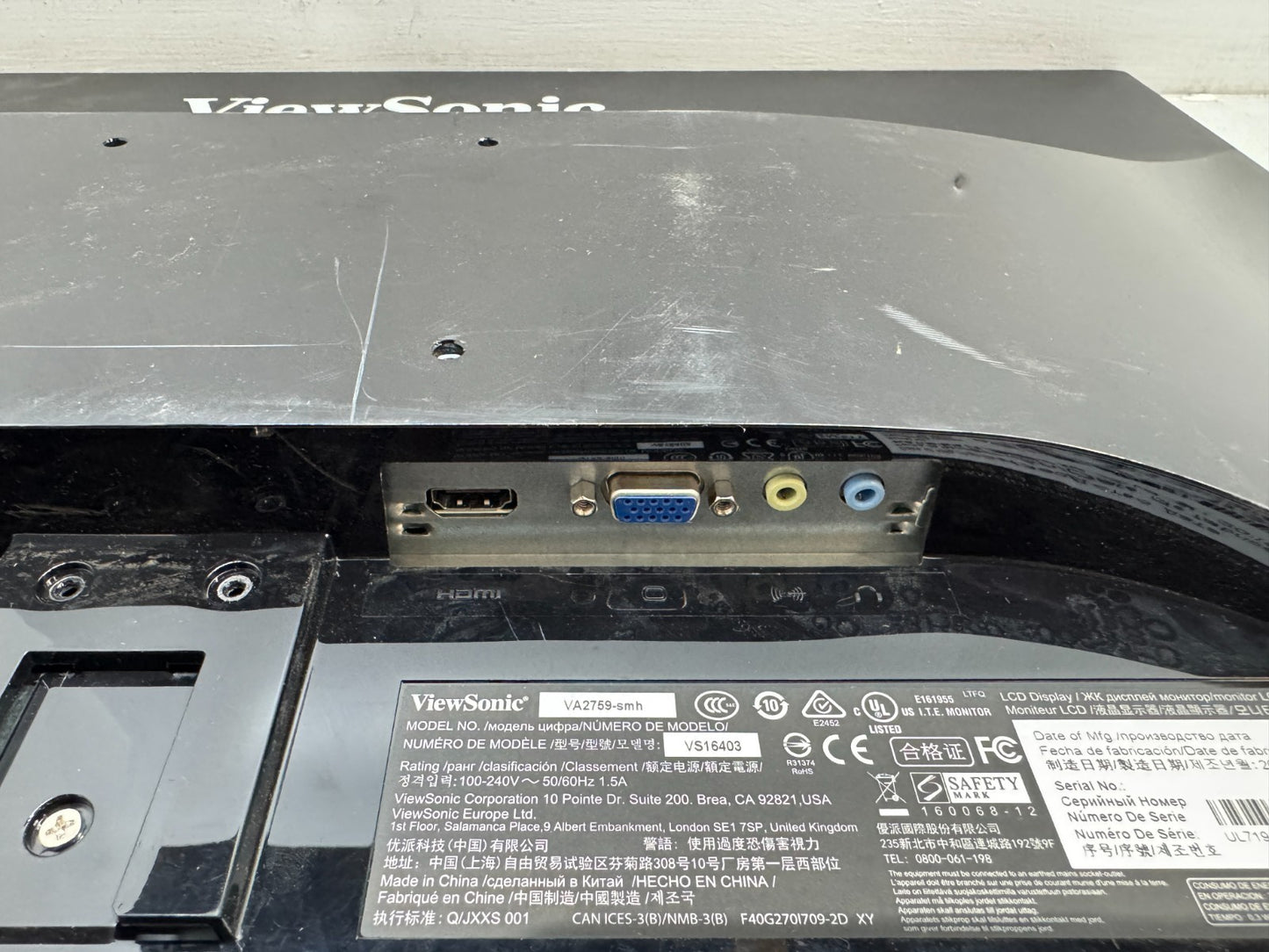 ViewSonic VA2759-smh 27" 1080p IPS Monitor, HDMI D-SUB NO STAND