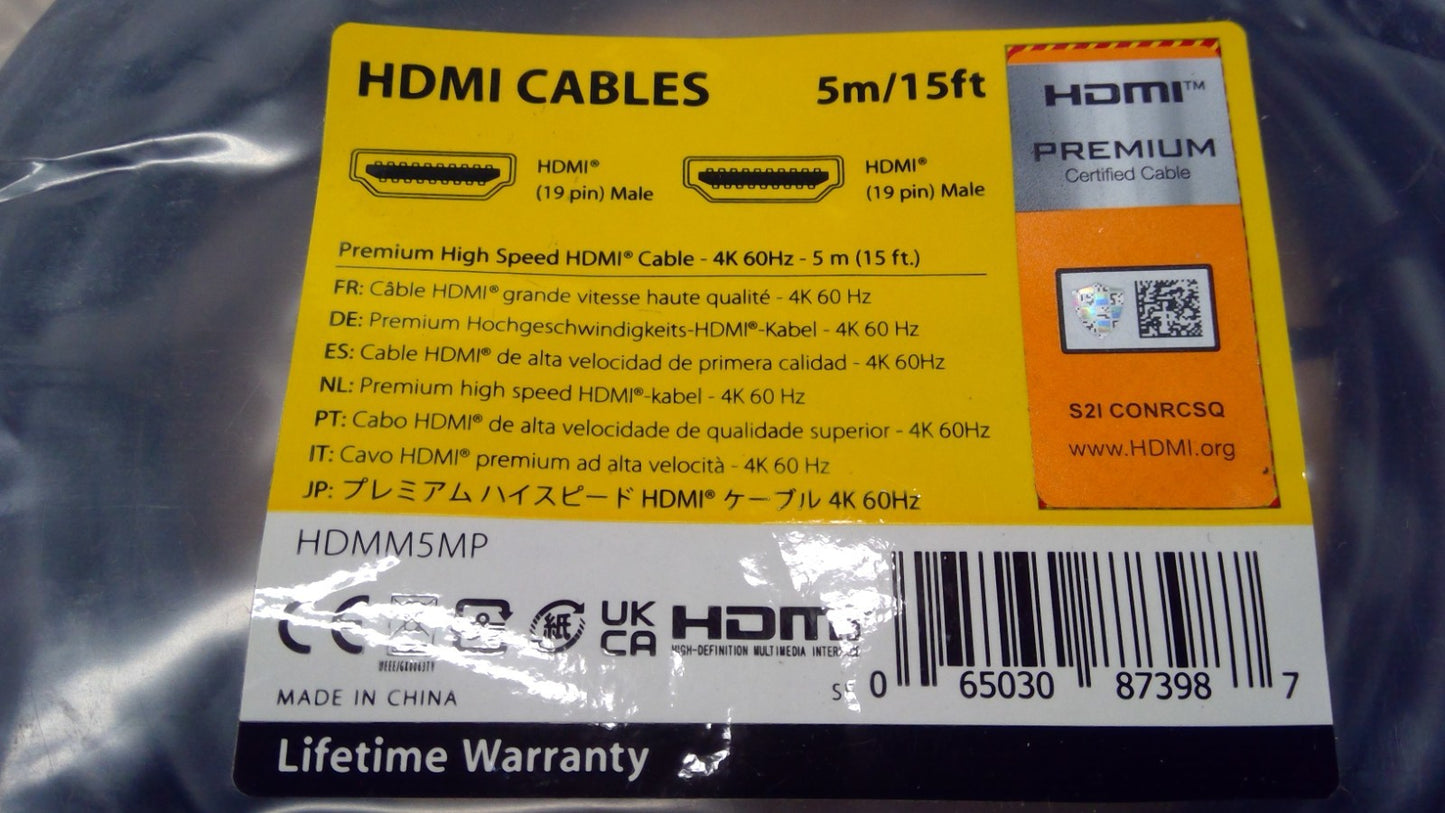 StarTech HDMM5MP 5m 15ft High Speed Ultra HD 4K 60Hz HDMI 2.0 Cable W/Ethernet