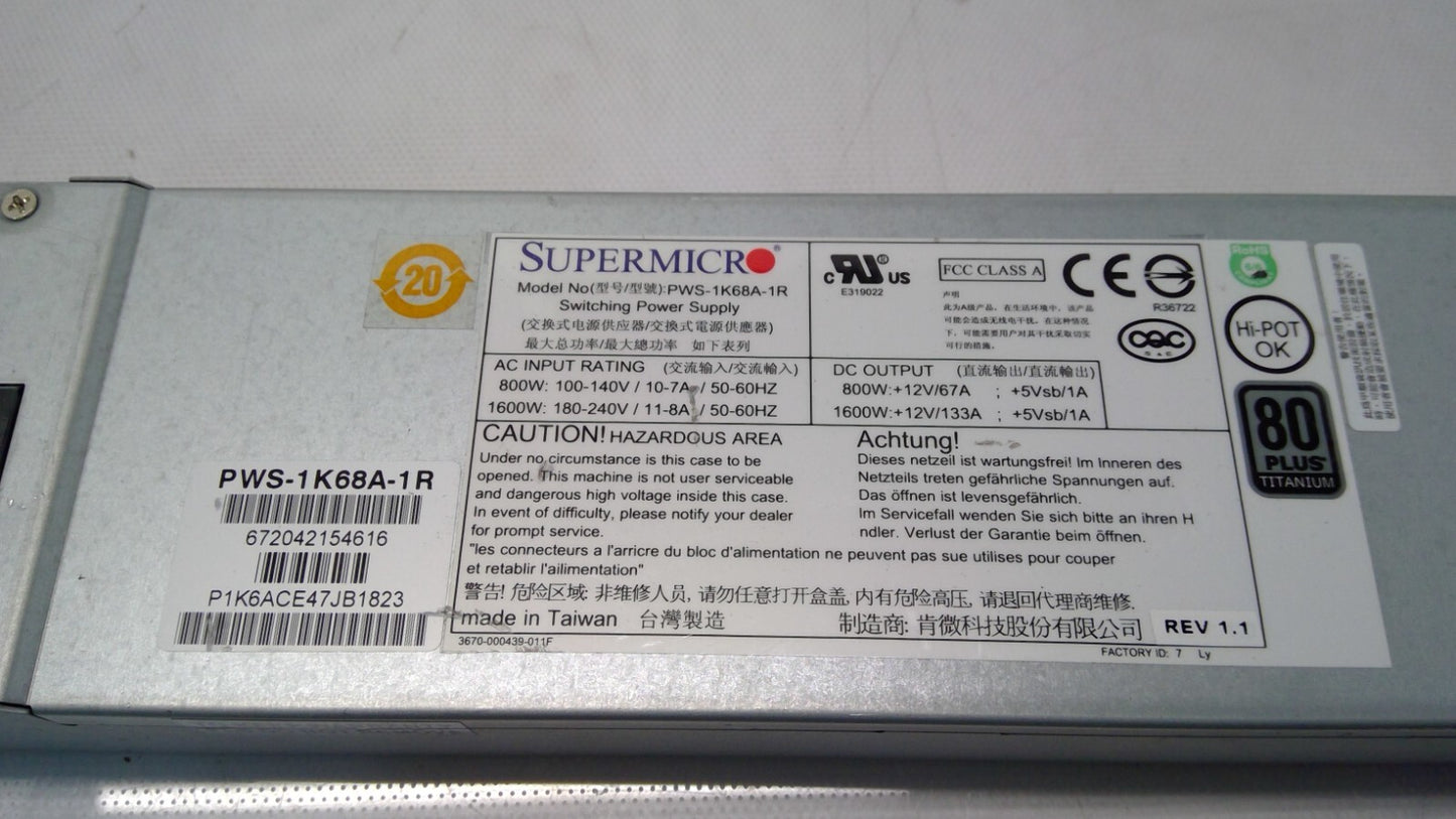 Supermicro PWS-1K68A-1R 1U 1600W Redundant PSU 80 Plus Titanium Power Supply