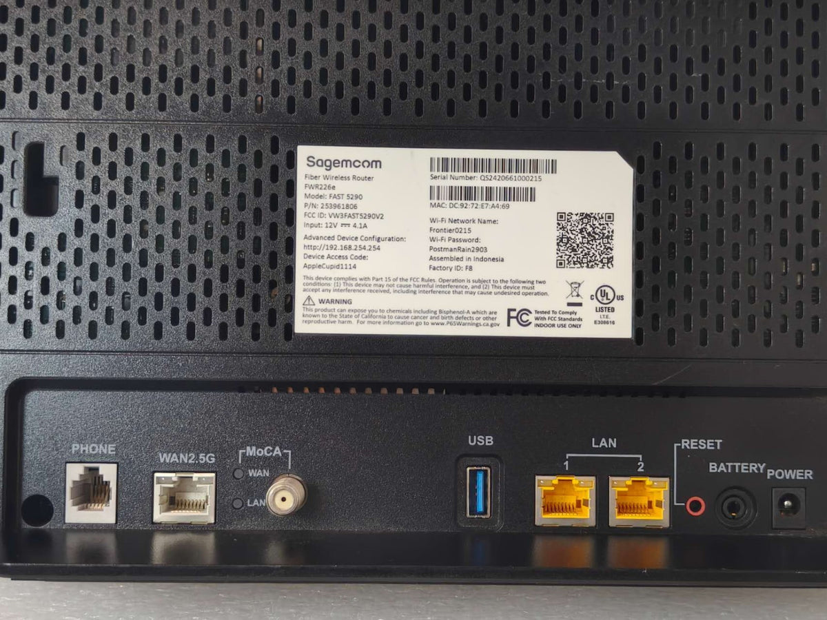 Sagemcom Fast 5290 FWR226e Frontier TriBand Fiber WiFi 6E Gigabit Router /No AC