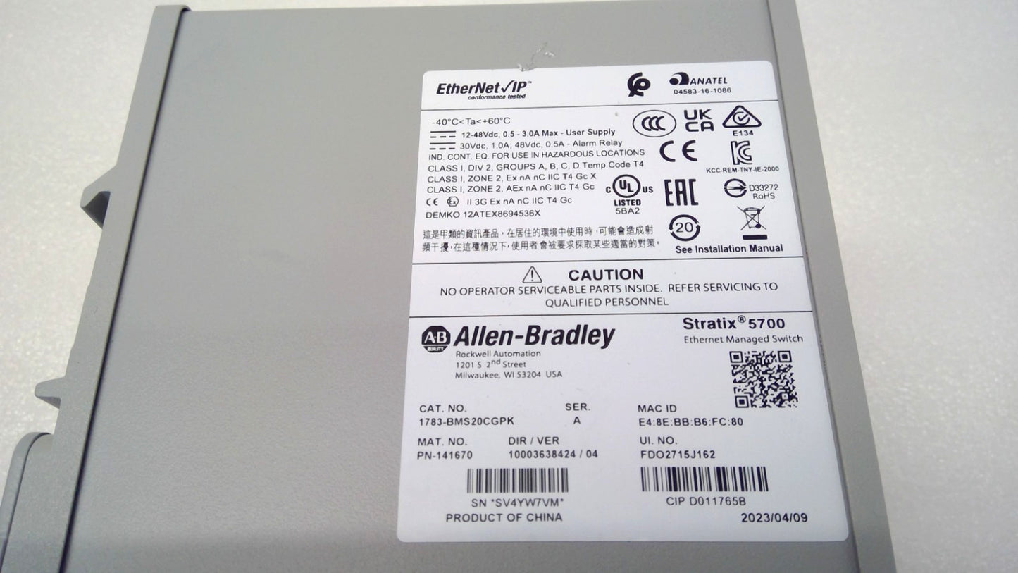 1783-BMS20CGPK Allen-Bradley Stratix 5700 Series Managed Ethernet Switch