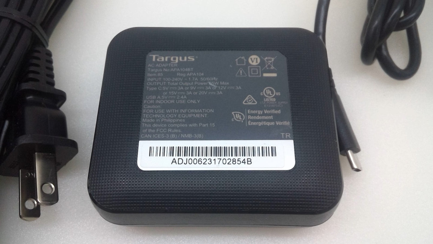 Targus USB-C&USB -A Port  Laptop  Charger 65W Universal APA104BT Black 4ft Cable