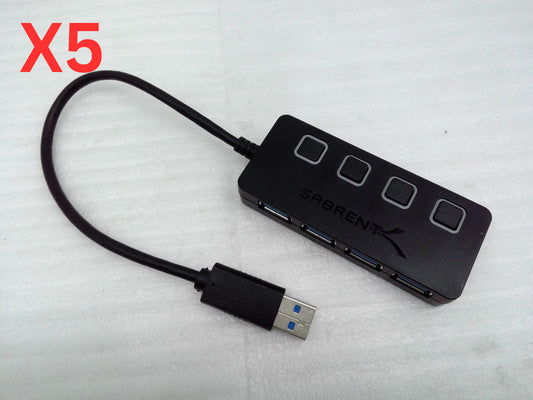 Lot of 5 Sabrent HB-UM43 4 Port USB 3.0 Hub with Power Switches - Black