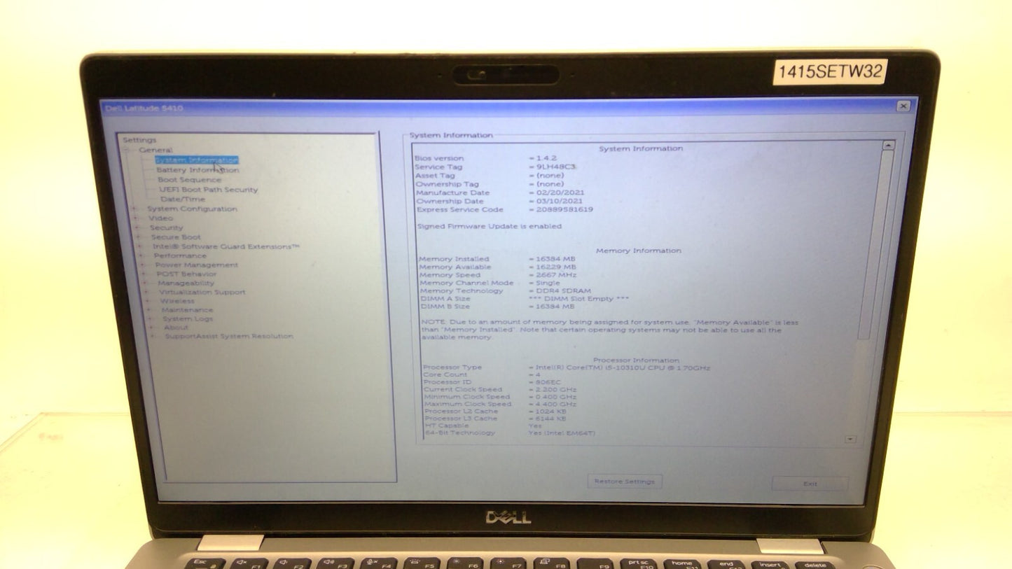 *Read* Dell Latitude 5410 14" i5-10310U@1.7GHz 16G RAM (No HDD/Cover/Battery)B13