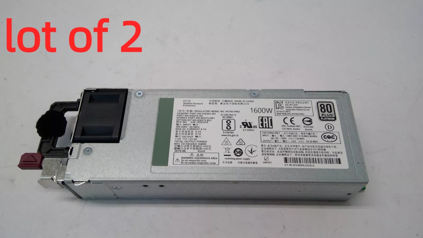 Lot of 2 HP 863373-001 1600W 80 Plus Platinum Power Supply HSTNS-PR62 830270-301