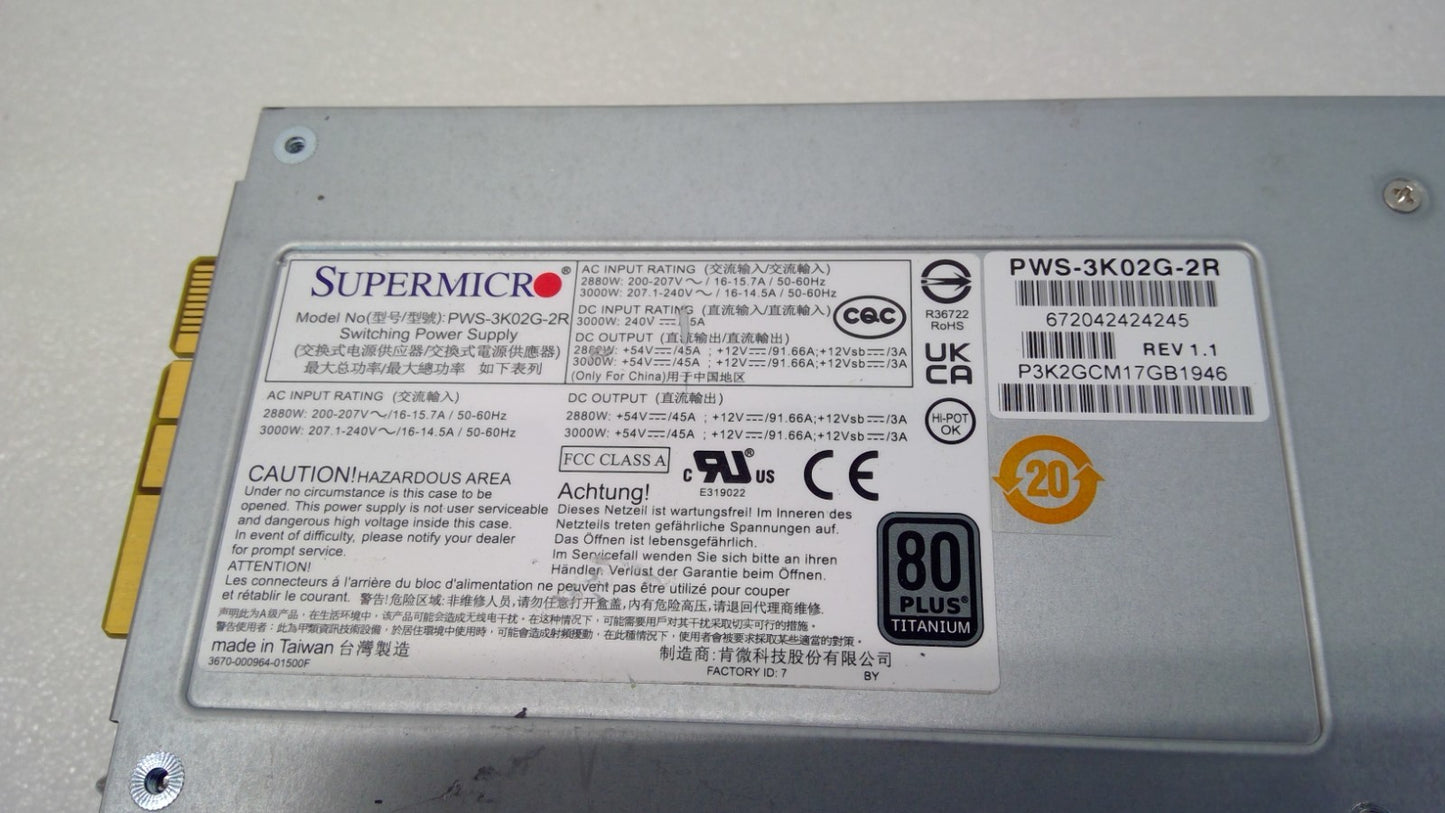 Supermicro PWS-3K02G-2R 3000W 2U 54V/12V 80PLUS Output Redundant Power Supply