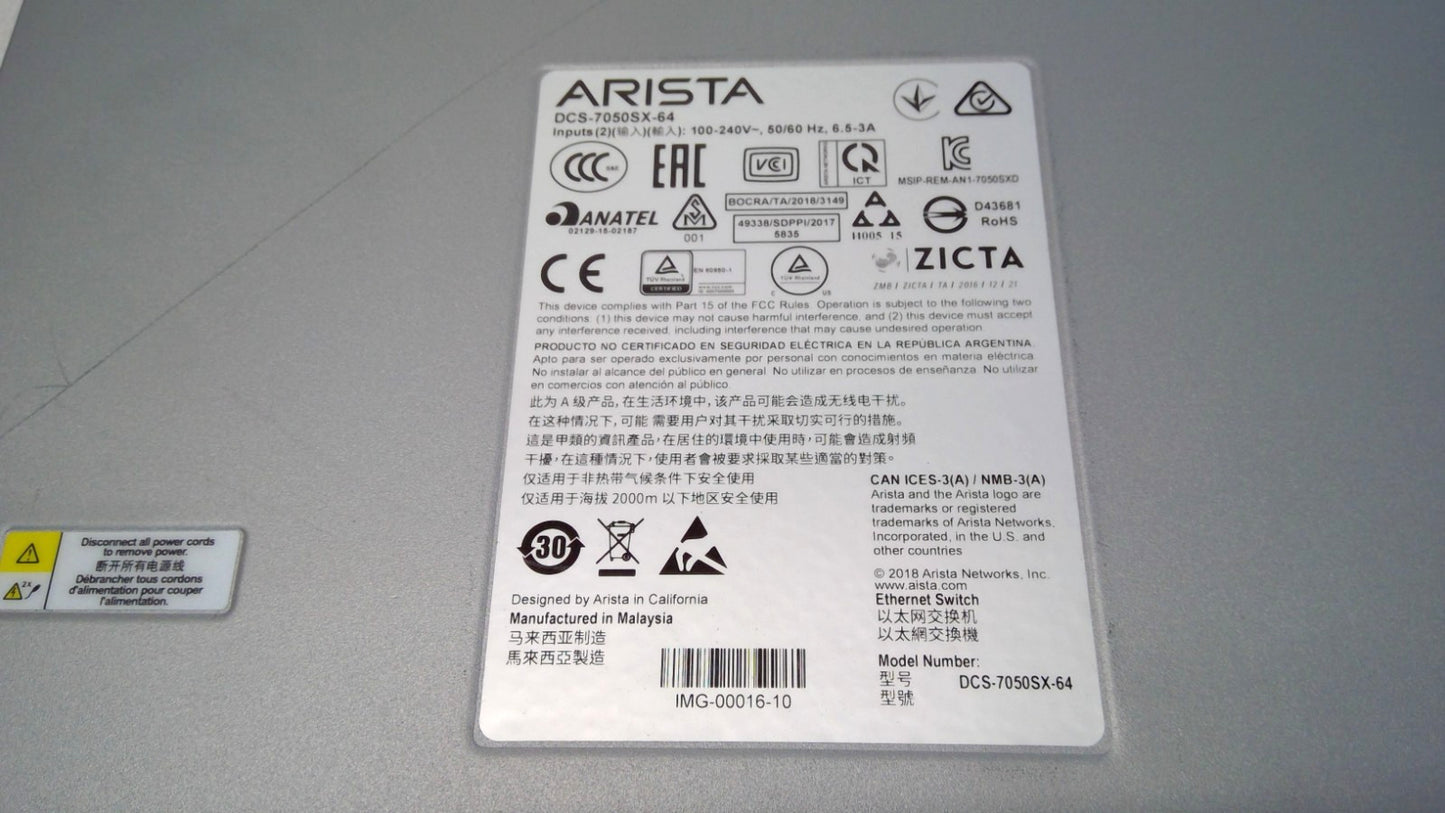 Arista DCS-7050SX-64-R 48x10G-SFP+ 4x40G-QSFP Port Network Switch *Read*