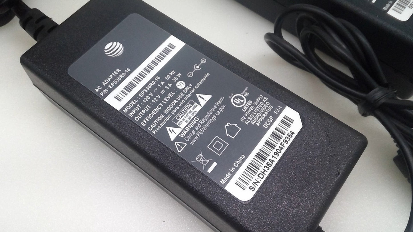 Lot of 2 AT&T EPS36R0-16 12V 3A AC Adapter Power Supply Black 2-Prong to Barrel