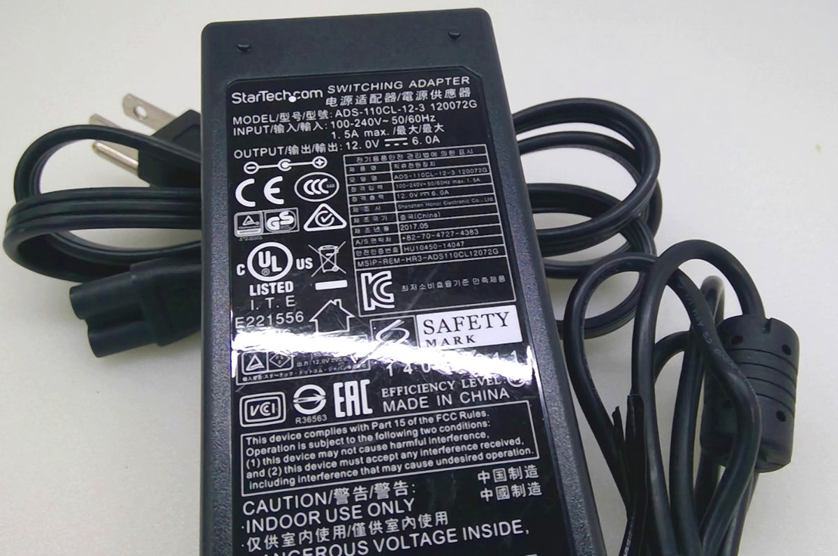 StarTech.com ADS-110CL-12-3 120072G 12V 6A 72W AC Adapter w/ AC Power Cord