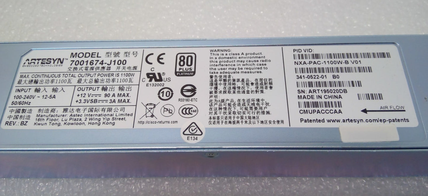 Cisco Nexus NXA-PAC-1100W-B 1100W 80PLUS Platinum Power Supply 341-0522-01