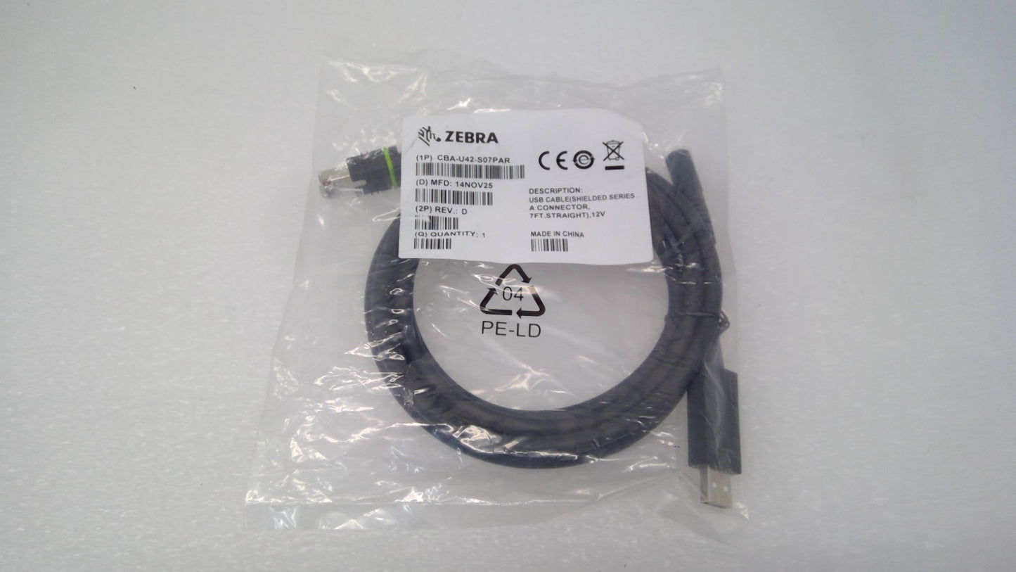 NEW ZEBRA CBA-U42-S07PAR REVISION C, SHIELDED USB CABLE ASSEMBLY 7FT 12V