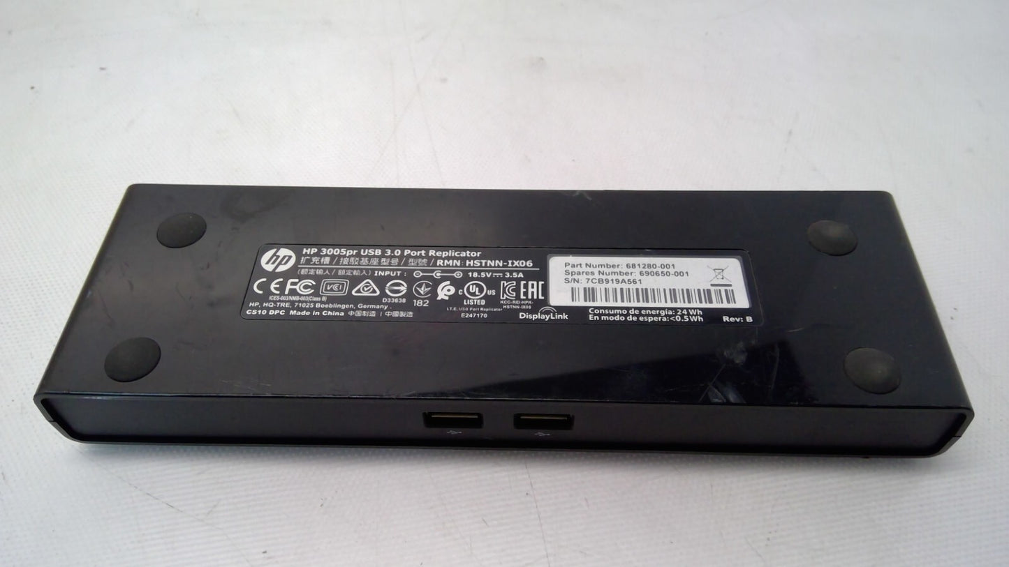 HP 3005pr USB 3.0 Port Replicator HSTNN-IX06 Part No 681280-001 No Power Supply