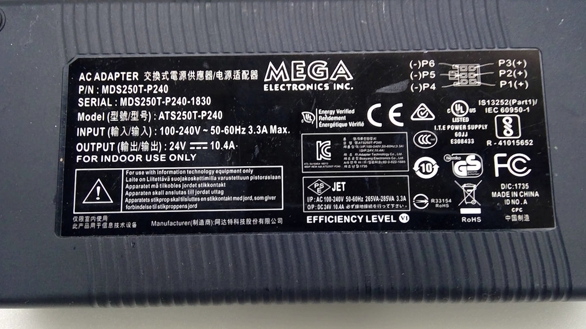 MEGA Electronics ATS250T-P240 250W AC/DC Power Supply 24V 10.4A 6-Pin MDS250T-P2