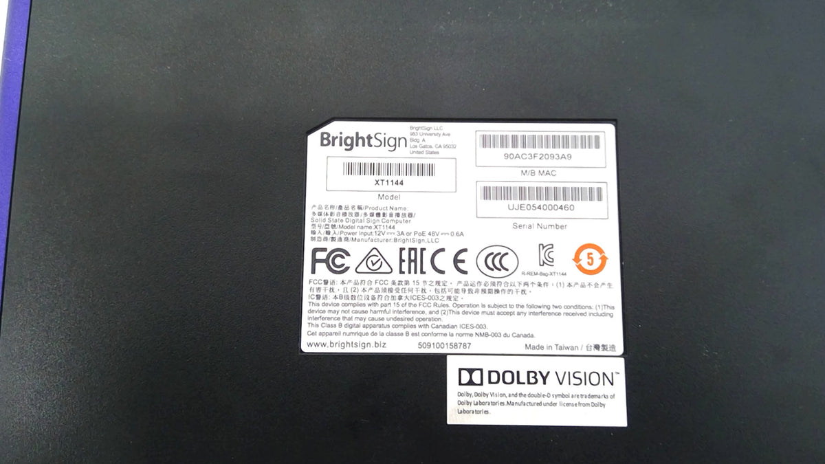 BrightSign XT1144 Expanded I/O 4K Digital Signage Media Player PoE+ / No sd card
