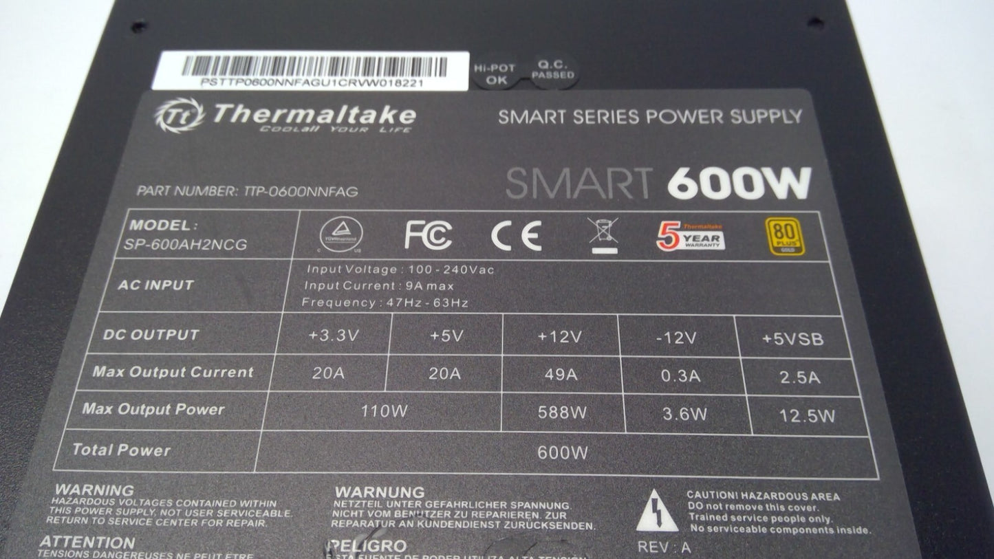 Thermaltake Smart TTP-0600NNFAG 600W 80+ Gold ATX Power Supply PSU SP-600AH2NCG