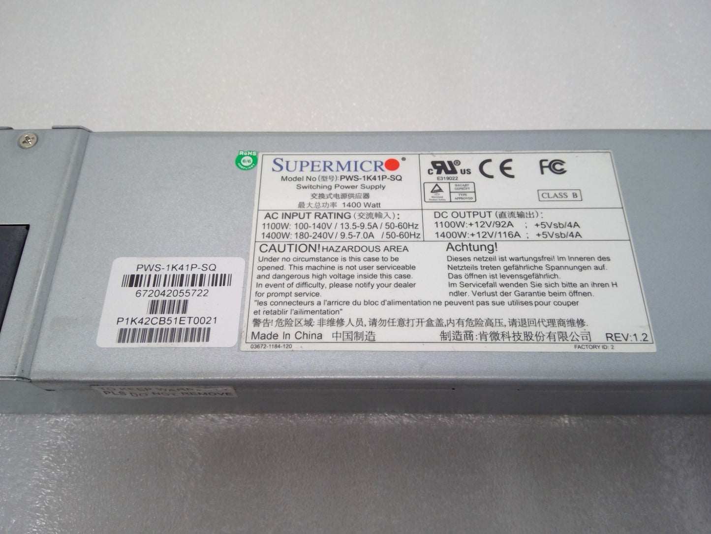 SuperMicro PWS-1K41P-SQ  1400W 1U Server Redundant Power Supply