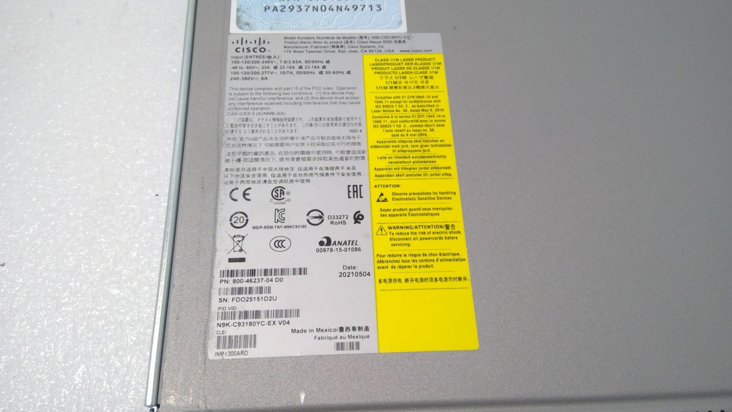 Cisco N9K-C93180YC-EX 48 Port Switch 2x PSU 4x Fans 6X 100Gb QSFP28 W/Rack Ears
