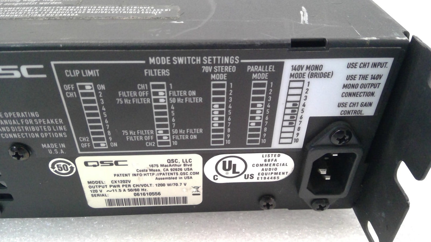 QSC CX1202V 1200W 70V 2-Channel Power Amplifier CG011ZY  W/Power Cord ~Tested