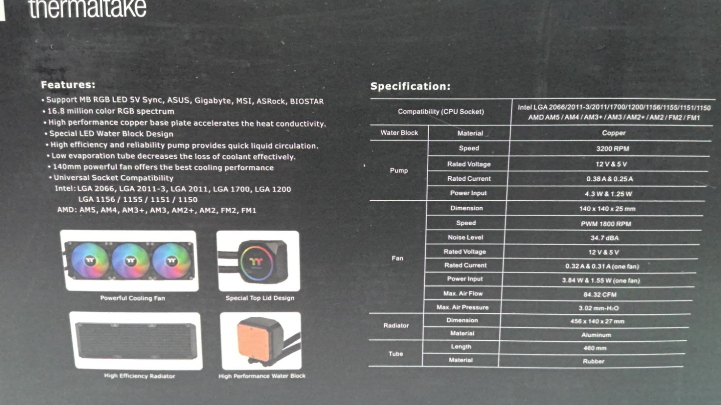 Thermaltake TH420 CL-W367-PL14SW-A ARGB Sync V2 CPU Liquid Cooler 500-1800 RPM