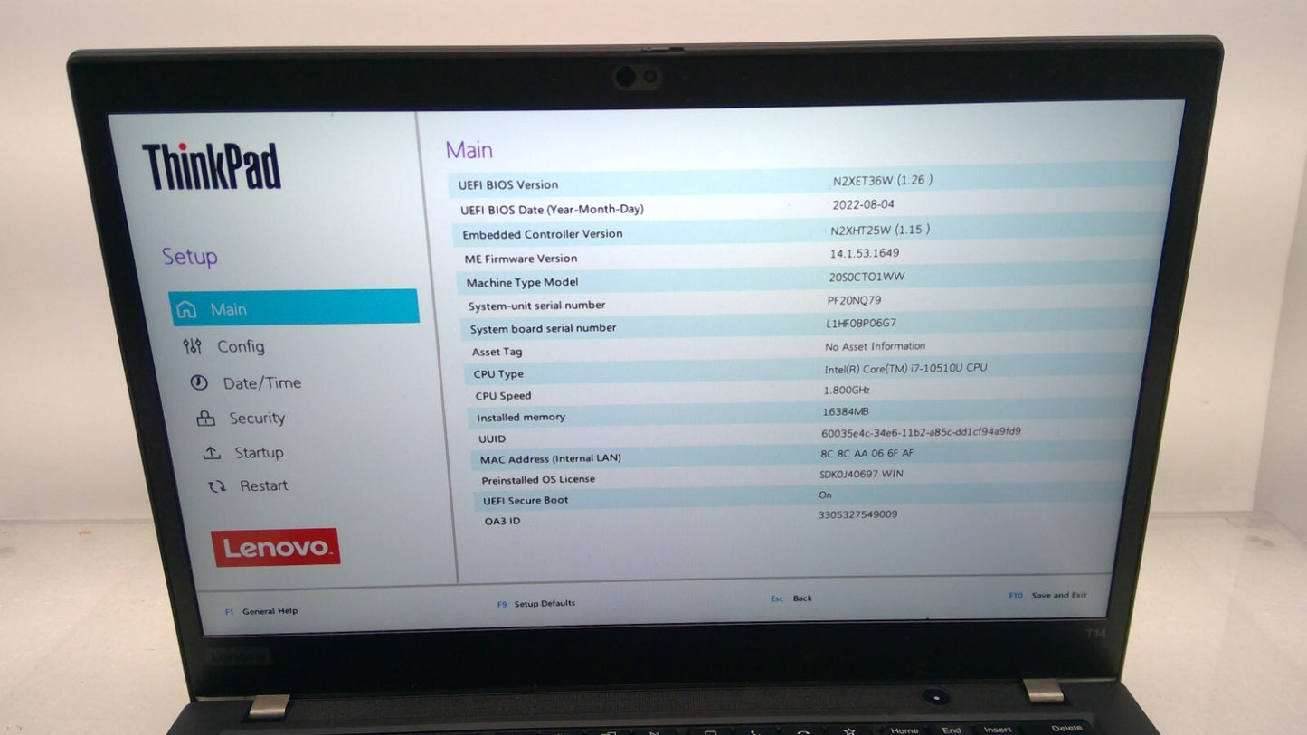 ThinkPad T14 Gen 1 14" Laptop i7-10510U@1.8GHz 16GB RAM B20/B22 No HDD *READ*