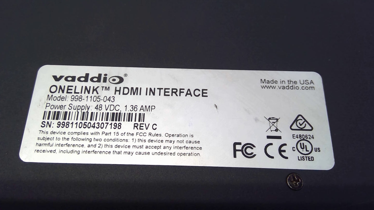 Vaddio 998-1105-043 Onelink HDMI Interface CAMERA I/O - HDMI RS-232 NETWORK IR