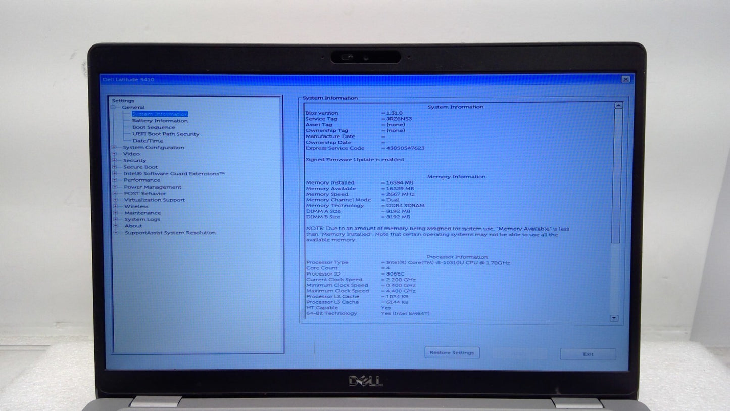 *Read*Dell Latitude 5410 14" i5-10310U@1.7GHz 16G RAM  No HDD/Battery B14/B16