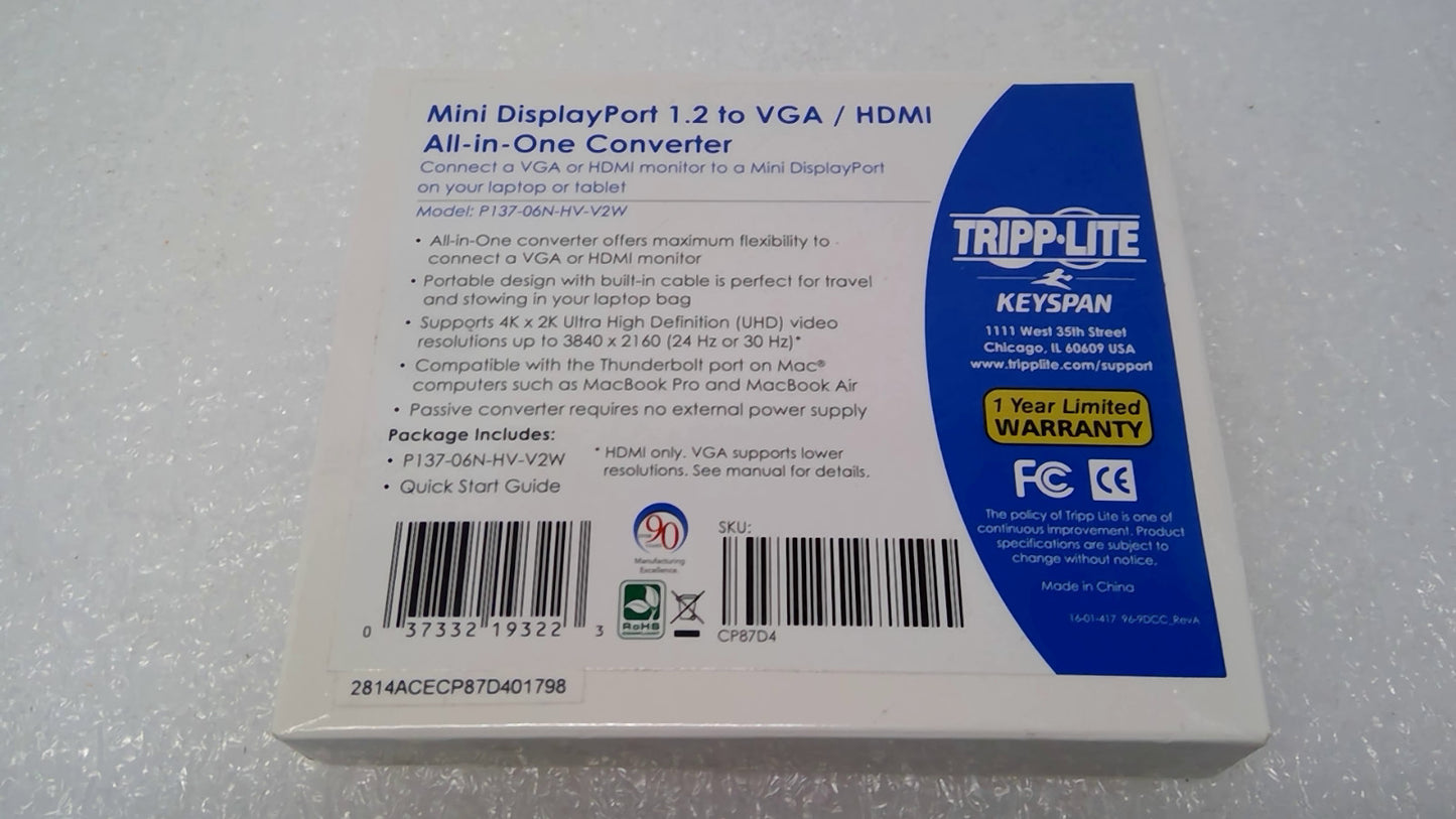 Tripp Lite Keyspan Mini DP 1.2 to VGA/HDMI All-in-One Converter P137-06N-HV-V2W