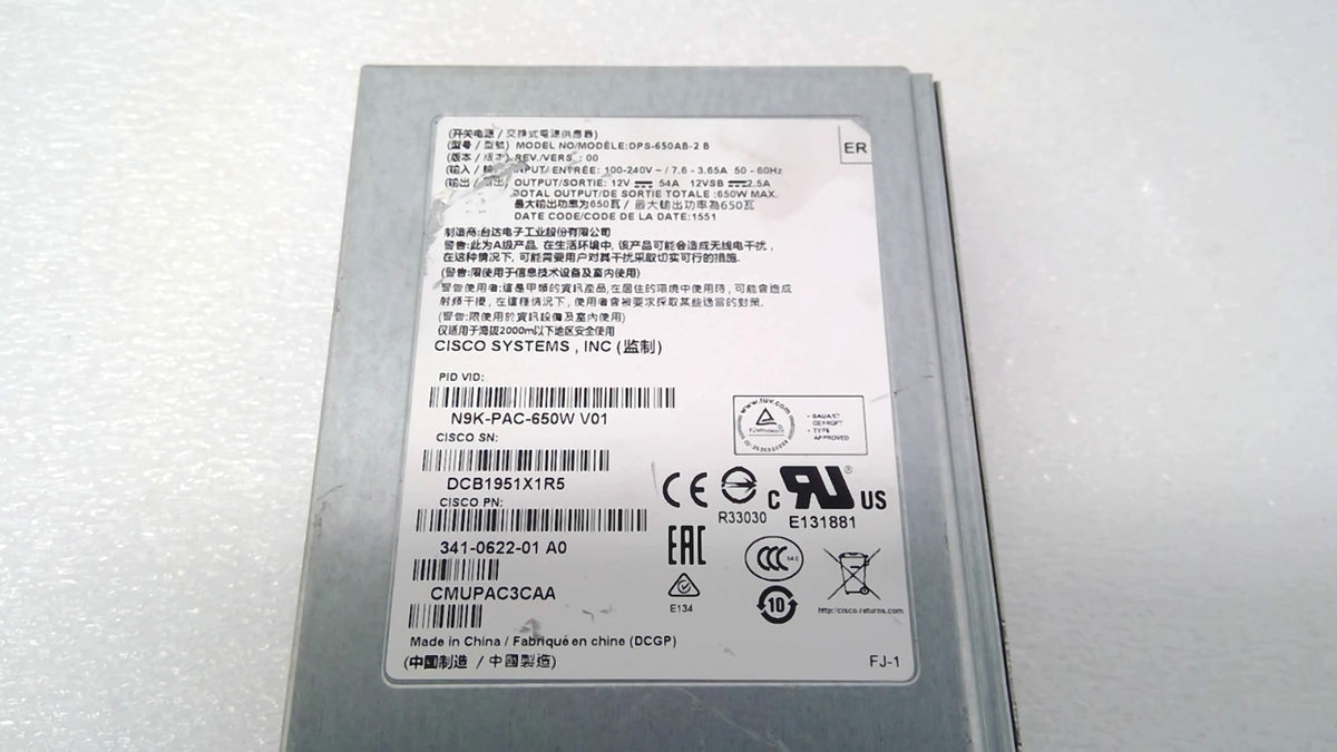 Cisco N9K-PAC-650W 650W AC PSU Nexus 9000 Front-to-Back Airflow 341-0622-01