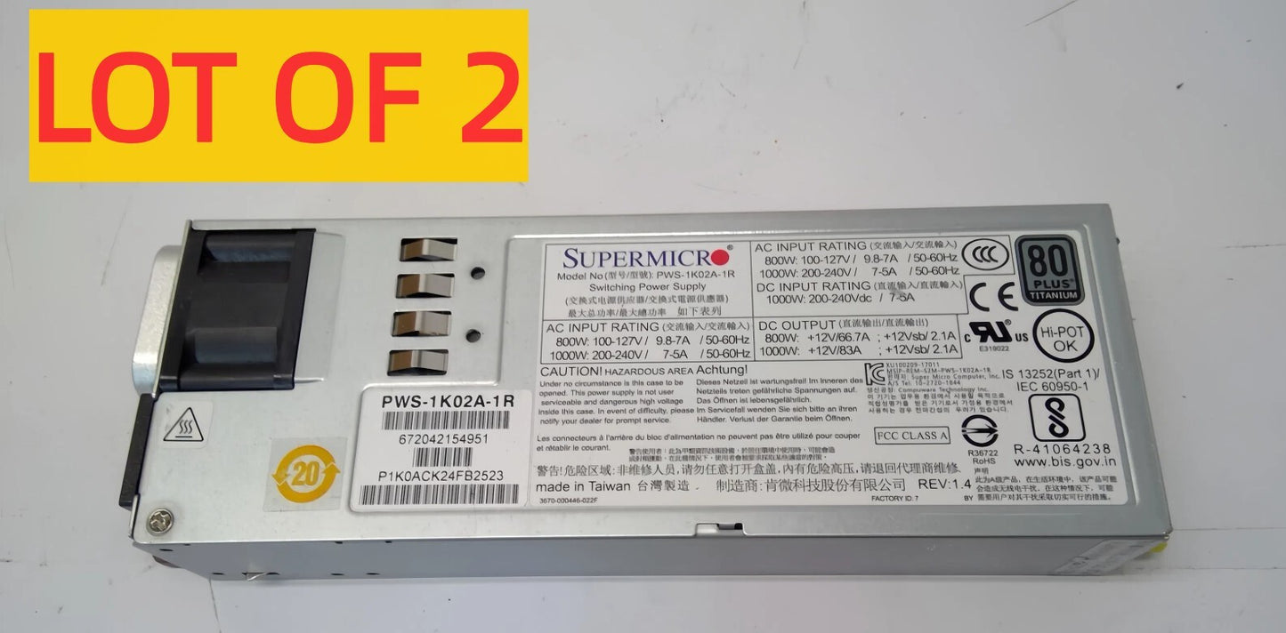 *LOT OF 2* SUPERMICRO PWS-1K02A-1R 1000W 1U SWITCHING POWER SUPPLY