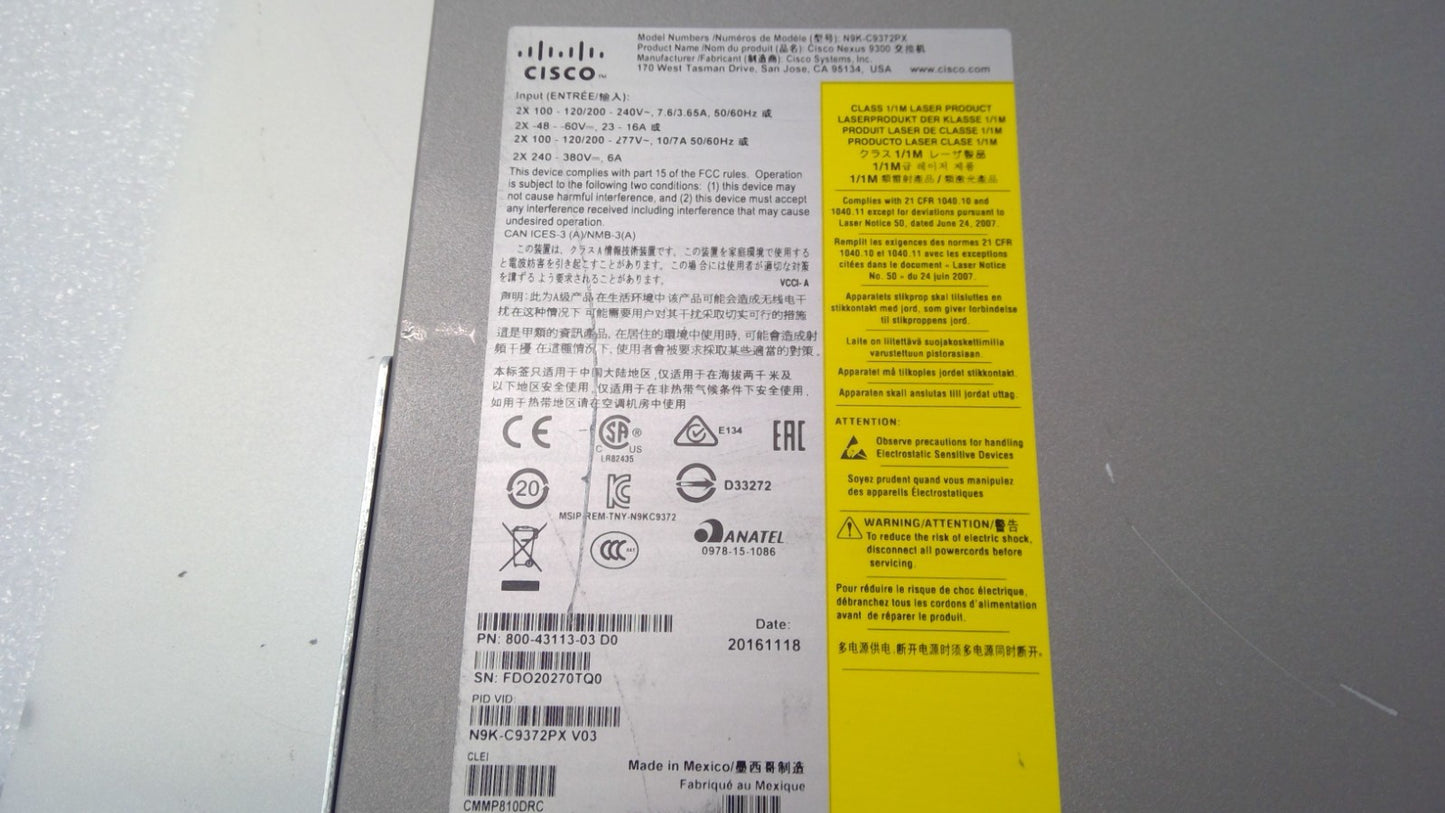 Cisco N9K-C9372PX Nexus 9300 Series 48-Port 10GbE Ethernet 6x40GbE Switch