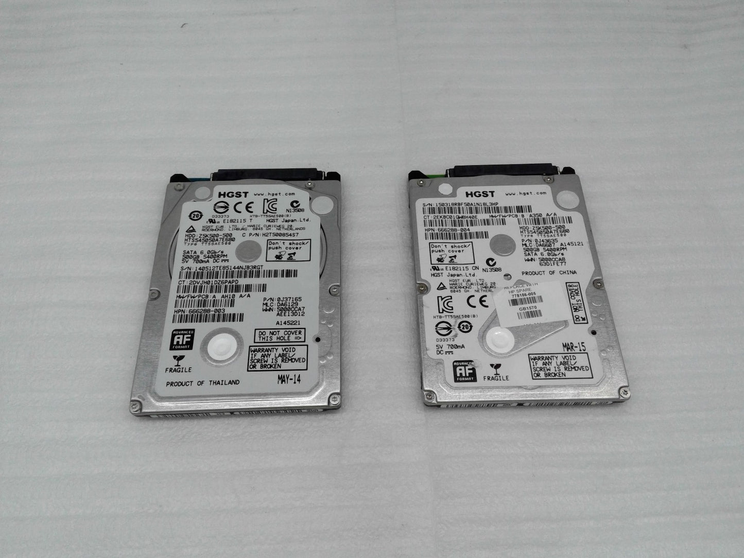 Lot of 2 HGST 500GB ATA 6.0Gb/s 2.5" Hdd Hard Drive HTS545050A7E680 Z5K500-500