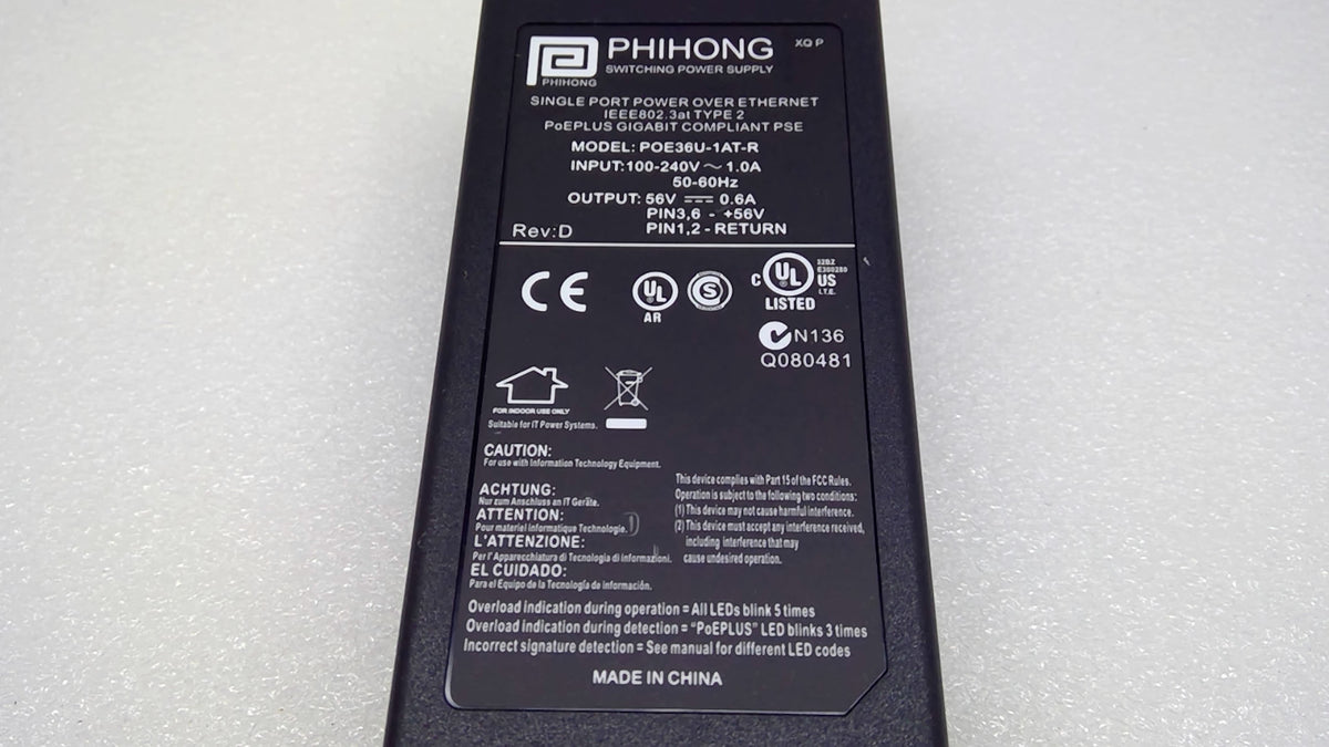 PHIHONG POE36U-1AT-R 33.6W Gigabit Single Port PoE+ Injector IEEE 802.3at