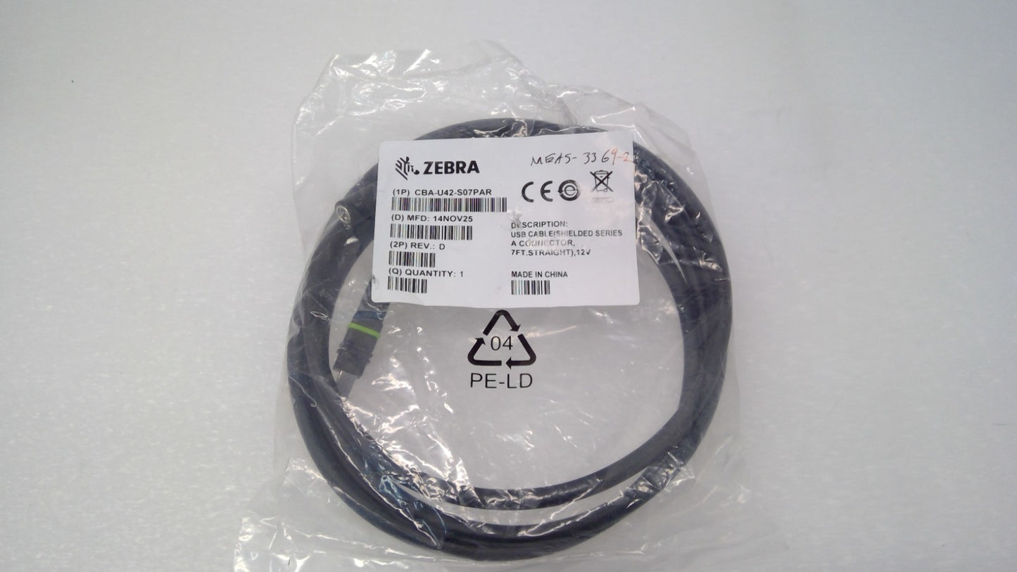 ZEBRA CBA-U42-S07PAR REVISION C, SHIELDED USB CABLE 7FT STRAIGHT 12V USED