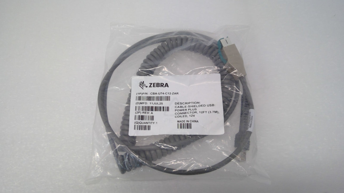 NEW Zebra CBA-U74-C12-ZAR Powered USB Cable 12V 12FT(3.7M) COILED Shielded POS