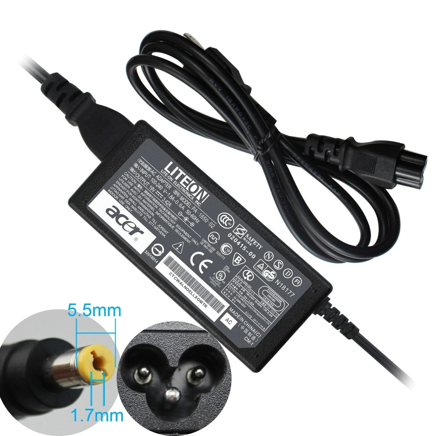 Liteon 65W AC Adapter Acer Aspire 5 E15 V5 V7 V3 R3 R7 S3 E1 M5 Series 5.5*1.7m