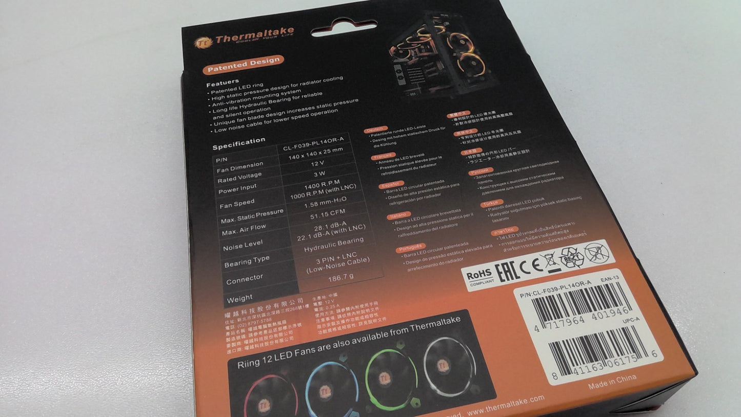 ThermalTake Riing 14 LED Orange Case Fans 140X140X25 LED LNC, CL-F039-PL14OR-A