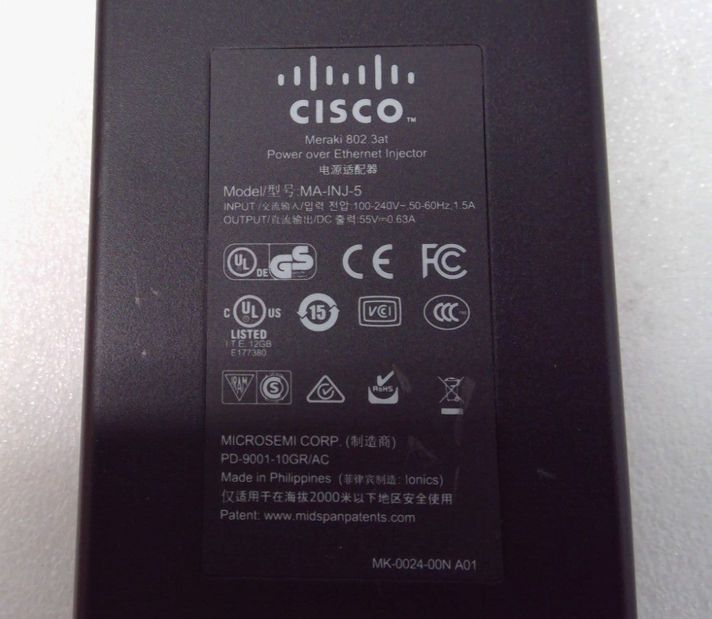 LOT OF 5 Cisco Microsemi MA-INJ-5 Meraki 802 Power Ethetnet Injector