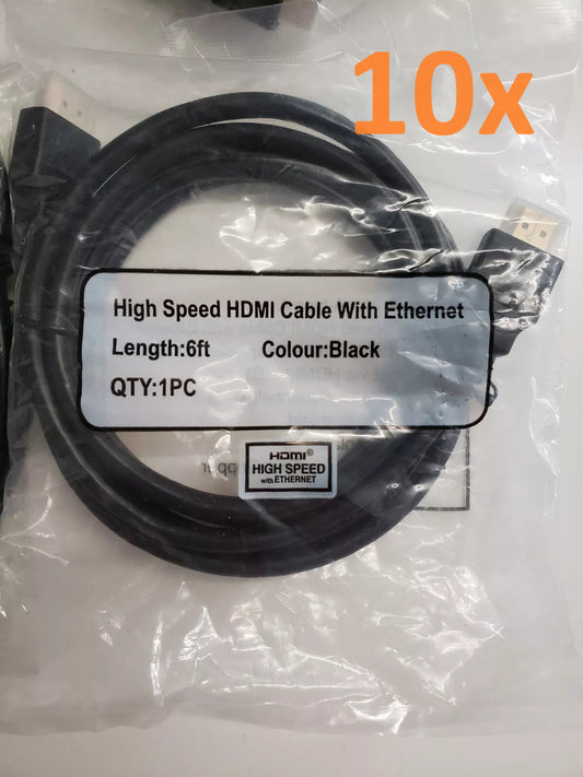 Lot of 10 - 6ft High Speed HDMI Cable Black With Ethernet Gold plate ( New )