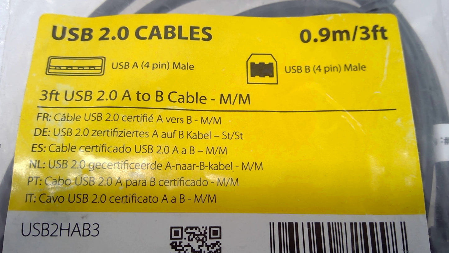 LOT OF 2 StarTech USB2HAB3 3ft(0.9M) USB 2.0 A to B Cable MALE/MALE
