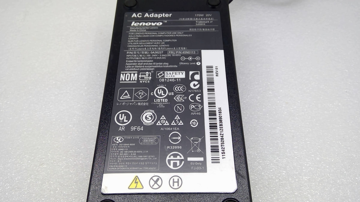 Genuine OEM Lenovo 170W 20V 8.5A Yellow Tip AC Adapter 0A36227 45N0113