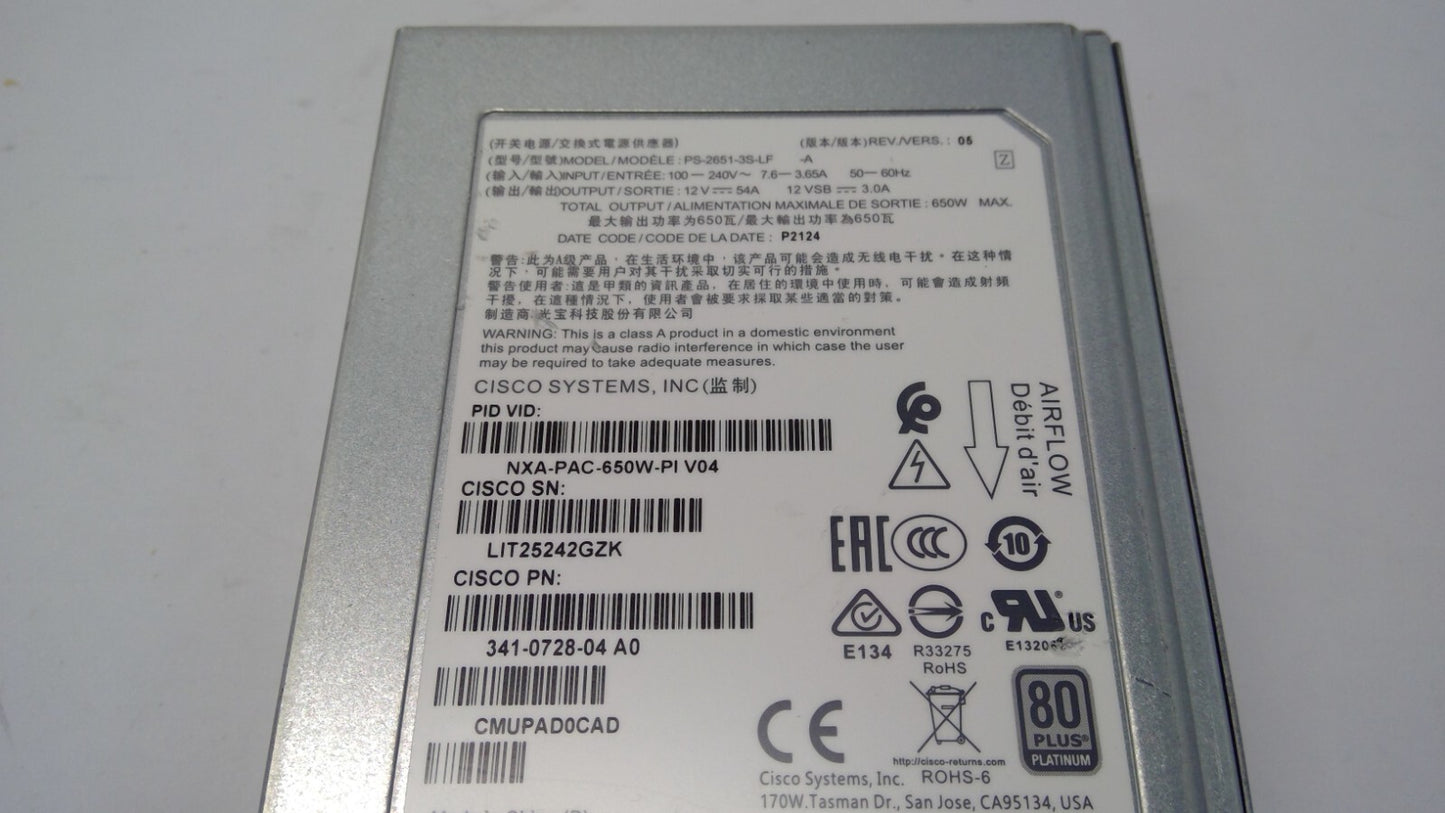 Cisco NXA-PAC-650W-PI 650W AC Port-Side Intake 341-0728-04Power Supply only-READ